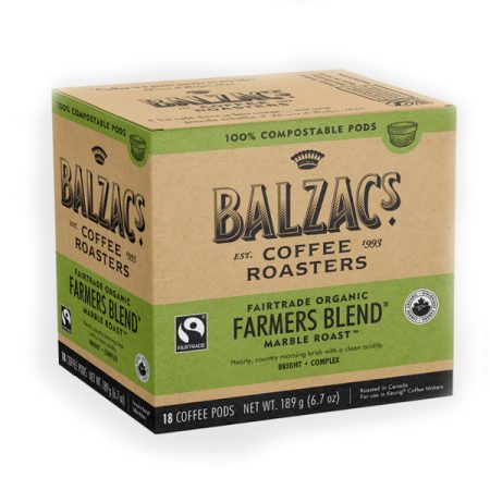 Balzac's Coffee Roasters Farmers Blend 18 Compostable Pods (Fair Trade Organic) - 6 Cases