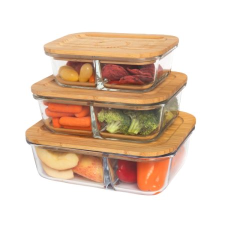 Life Without Waste Divided Glass 3 Piece Container Set with Bamboo Lid
