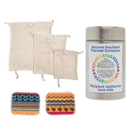 Life Without Waste Organic Cotton Mesh Produce Bags Set of 3 + 500 ml Thermal Food Container