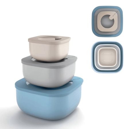 Guzzini Kitchen Active Design Collection Store & More - Set of 3 Shallow Airtight Fridge/Freezer/Microwave Containers - CAPACITY:  450/975/1900cc