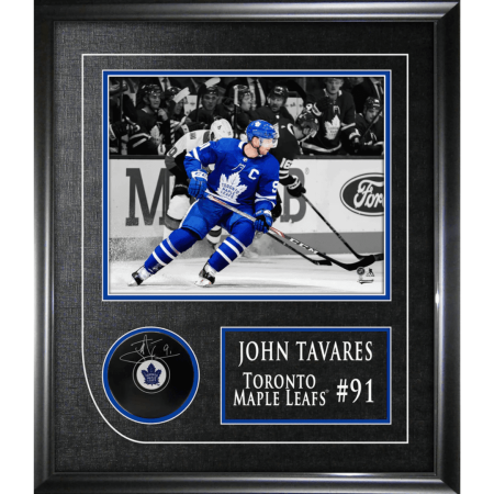 John Tavares Signed Framed Toronto Maple Leafs Puck With Action Photo