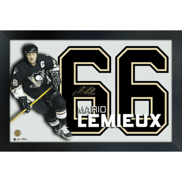 Mario Lemieux Deluxe Framed Printed Glass Collage with embedded Signature