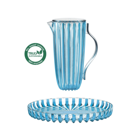 Guzzini DOLCE VITA 100% Recyclable Bio-Based Fine Acrylic Pitcher/Lid With Serving Tray - 2 Piece Set - BLUE/CLEAR