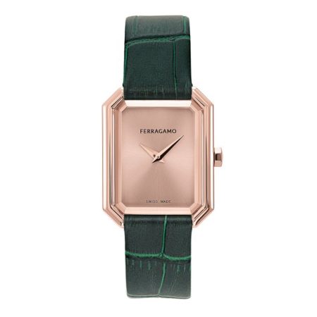 Ferragamo Crystal Tank Quartz Rose Gold-Tone Dial Leather Band Ladies’ Watch - 26.5x33.5mm