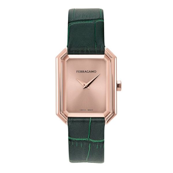 Ferragamo Crystal Tank Quartz Rose Gold-Tone Dial Leather Band Ladies’ Watch - 26.5x33.5mm