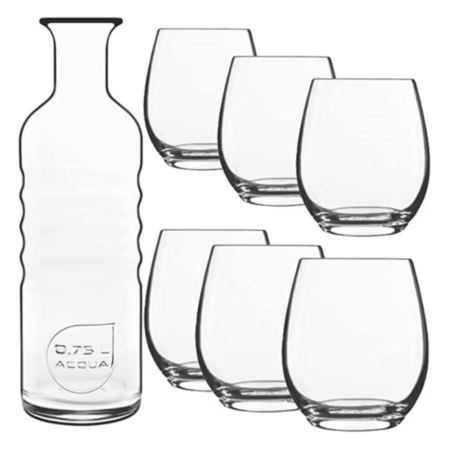 Luigi Bormioli Hydrosommelier Set 750ml OPTIMA water serving bottle and 6 PALACE Acqua Naturale Tumblers - 7 Piece Set - Made in Italy