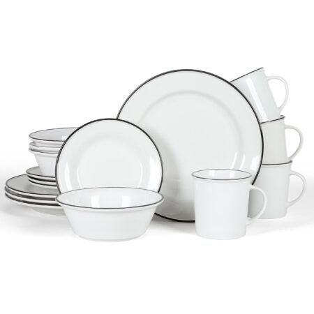 Martha Stewart Cliffield 16 Piece Ceramic Dinnerware Set  in White with Black Rim