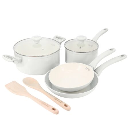 Martha Stewart Rexford 8-Piece Ceramic Non-stick Induction Cookware with Kitchen Tools - White